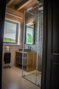 a bathroom with a glass shower and a sink at Krzywy Zakątek - Jaworzynka in Cisna