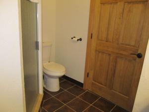 a bathroom with a toilet and a wooden door at The Remington Cabin in Wapiti