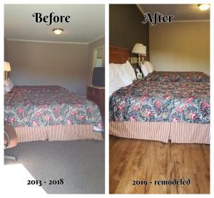 two pictures of a bed in a hotel room at Pacific Motel in Gridley