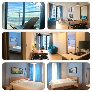a collage of three pictures of a hotel room at Angela House Halong in Ha Long