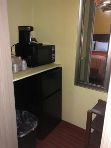 un microondas sentado en un mostrador en una habitación de hotel en Ellijay Inn - Downtown Ellijay, en Ellijay