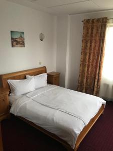 1 dormitorio con 1 cama blanca grande y ventana en Pensiunea Tempo Sovata en Sovata