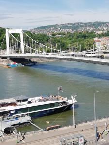 a large boat is docked in a river with a bridge at VIP Residence Riverside in Budapest