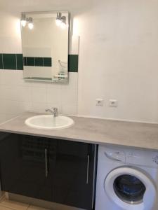 uma casa de banho com um lavatório e uma máquina de lavar roupa em LILLOT GREEN Appartement em Sanguinet