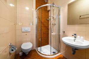 a bathroom with a shower and a toilet and a sink at Rezydencja Familia in Świnoujście