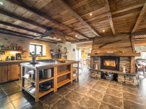 a kitchen with a stove and a fireplace at Home with Bubble Bath Sauna and Fireplace in Manhay