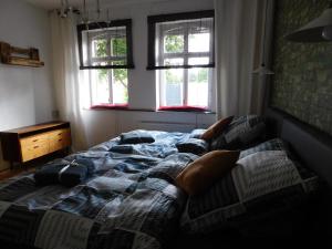 ein Bett in einem Schlafzimmer mit zwei Fenstern in der Unterkunft Haus Feierabend in Plodda