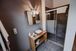 a bathroom with a sink and a shower at Côté Sax bed and breakfast in Dinant