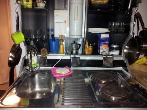 un bancone della cucina con lavandino e piano cottura di Prof Loft Berlin a Berlino