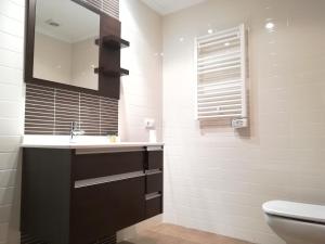 ein Badezimmer mit einem Waschbecken, einem Spiegel und einem WC in der Unterkunft Apartamento Villa Clarita in Sanxenxo