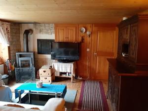 ein Wohnzimmer mit einem Sofa und einem TV in der Unterkunft La Dernier (La cote-aux-fées) Suisse in La Côte-aux-Fées