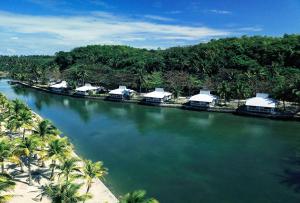 a river with a group of houses and palm trees at Golden Sands Destination Resorts in Daanbantayan