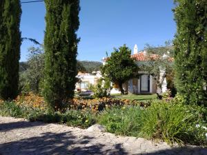 um jardim em frente a uma casa com árvores e flores em Casa da Paleta em Castelo de Vide