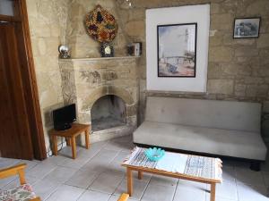 un soggiorno con divano e camino di Spanos House a Goudhi