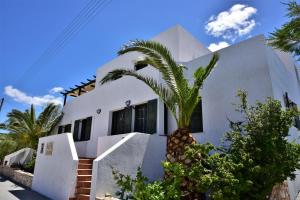 una casa blanca con una palmera delante de ella en Avra Milos, en Zefiría