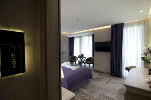 a hotel room with a bed and a living room at TK Taxim Bosphorus Hotel in Istanbul