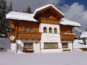 una cabaña de madera en la nieve con nieve en Landhaus Trinker en Schladming