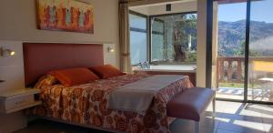 um quarto com uma cama, uma janela e uma banheira em Aires Serranos - Suites em La Cumbrecita