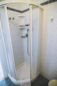 La salle de bains est pourvue d'une douche avec une porte en verre. dans l'établissement Hotel Adele, à Bellaria-Igea Marina