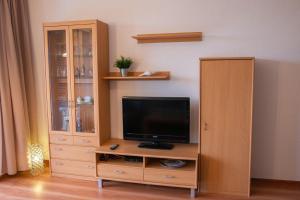 a entertainment center with a television and a cabinet at Haus am Deich Wohnung 5 in Dahme
