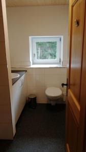 a bathroom with a toilet and a sink and a window at Ferienhaus am Waldrand von Egg Bregenzer Wald in Egg