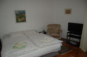 ein Schlafzimmer mit einem Bett, einem Stuhl und einem TV in der Unterkunft Buda Castle Apartments in Budapest