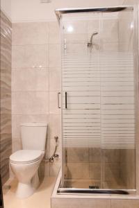 ein Bad mit einem WC und einer Glasdusche in der Unterkunft Areti Apartments in Litochoro