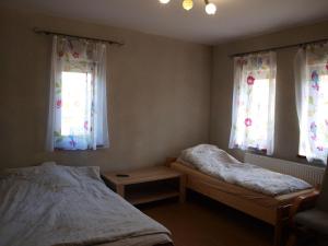 a bedroom with two beds and two windows at Agroturystyka Pod bocianem in Gołuchów