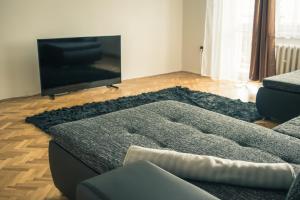 a living room with a couch and a television at Apartman JnJ Velkomoravska in Olomouc