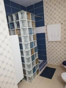 a bathroom with a shower with blue tiles and a toilet at Casa Alvor in Alvor