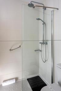 a shower with a glass door in a bathroom at Hotel de Francia y París in Cádiz