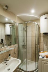 een badkamer met een douche en een wastafel bij Perlo apartamentai in Palanga