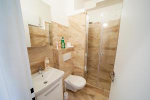 uma casa de banho com um chuveiro, um WC e um lavatório. em Bluestars Family em Karlovy Vary