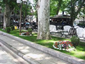 un parque con árboles y flores en el césped en Apartman -stan u centru, en Trebinje