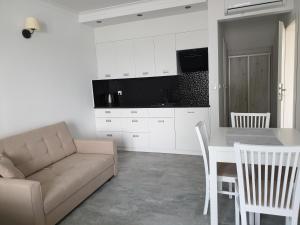a living room with a couch and a table at Apartamenty Zełwągi in Mikołajki