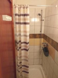 a bathroom with a shower with a shower curtain at Balatonszemesi Nyaralóház in Balatonszemes +23 photos