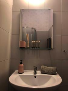カトヴィツェにあるWażne Miejsce Apartmentのバスルーム(白い洗面台、鏡付)