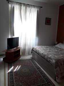 阿奇雷亞萊的住宿－Casa delle Aci，一间卧室设有一张床、一台电视和一个窗口。