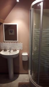 uma casa de banho com um lavatório e um chuveiro em ENFIN ! em Grandcamp-Maisy