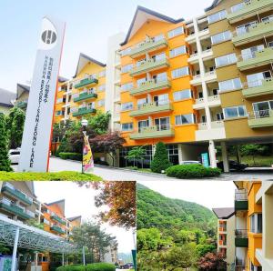 un collage di tre immagini di un edificio di Hanwha Resort Sanjeong Lake Annecy a Pocheon