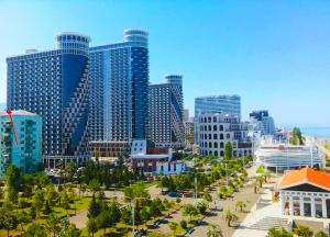 eine Skyline der Stadt mit hohen Gebäuden und einem Park in der Unterkunft Orbi Sea Towers Apartments in Batumi