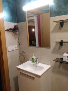 y baño con lavabo y espejo. en Apartamentos Rurales Imaz Etxea - Urbasa, en Olazagutía