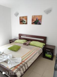 a bed in a bedroom with two pictures on the wall at Apartments Brnjada in Sutomore