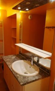 a bathroom with a sink and a mirror at Gîte la ferme de Baffour in La Chaise-Dieu +21 photos