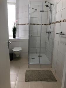 a bathroom with a shower and a toilet at Pension Kaffeefreunde in Berlin