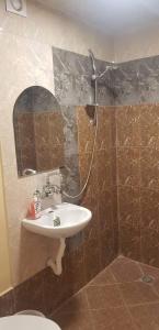 La salle de bains est pourvue d'un lavabo et d'une douche. dans l'établissement Park-Hotel Khoren's Lake, à Areni