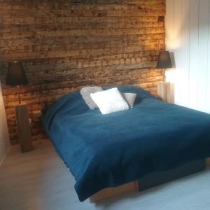 a bedroom with a blue bed with two pillows at B&B Le verger in Échillais +38 photos