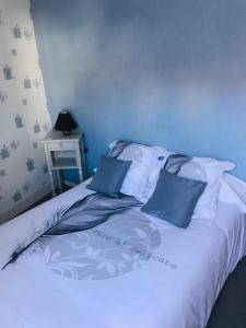 a bed with two blue pillows on top of it at Hôtel restaurant Le Parisien in Lourdes