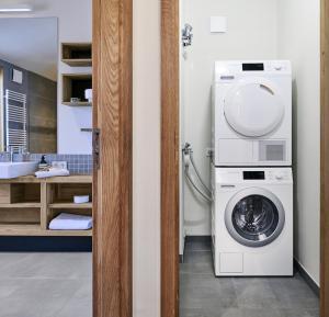 a bathroom with a washing machine in a room at Gud Jard Lodge Nr 33 - Design-Ferienhaus mit exklusiver Ausstattung in Pellworm