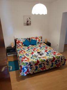 a bed with a colorful comforter in a room at Apartman Dora in Šmrika